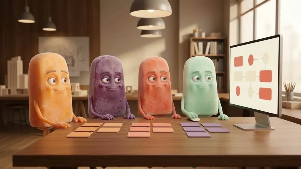 Four Popsicle characters sorting colored cards into groups at a table beside a monitor showing a flow diagram.