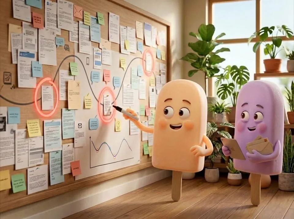 Two Popsicle characters at a wall-sized journey map of pinned emails, letters, and customer quotes, with three key moments circled and an engagement chart below.