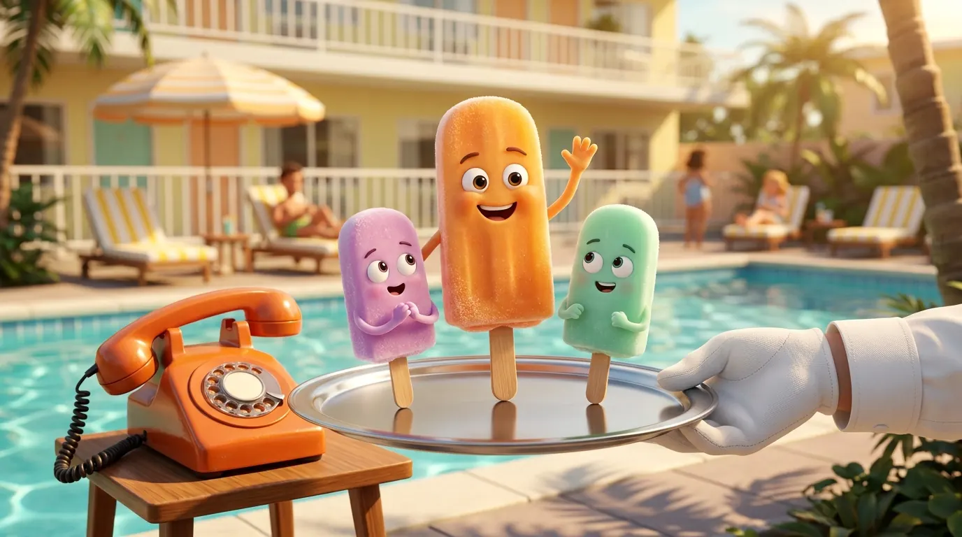An orange Popsicle character waves from a silver tray held by a white-gloved hand at a sunny hotel pool, next to a vintage orange rotary phone.