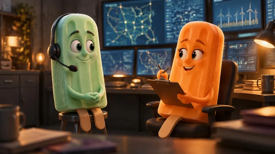 A mint-green Popsicle character wearing a headset sits on a stool in a grid control room, talking with an orange Popsicle character who takes notes on a clipboard, in front of wall screens showing power-grid maps.